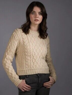 Aran Wool Sweater Cropped Cream Chunky Knit Small Ireland Oatmeal